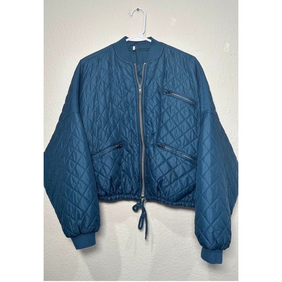 Free People Jackets & Blazers - Free People Quilted Bomber Jacket Teal Blue Zip Up Cropped Drawstring XS